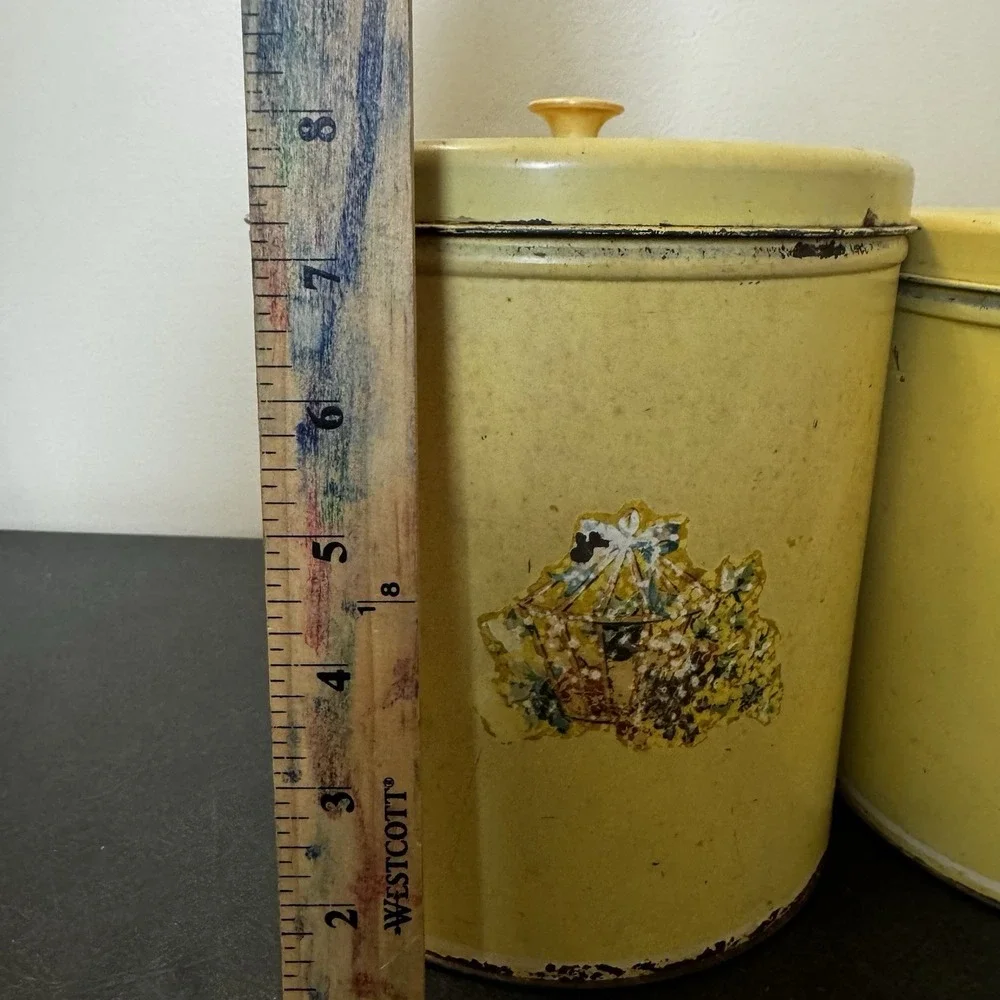 Vintage Yellow Metal Kitchen Canister Set Cottagecore Shaby Country 4 Piece Shan